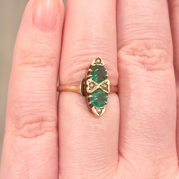 Antique Edwardian 10K Green Ring, Size 5.5, Rose Gold, Navette - Picture 7 of 17